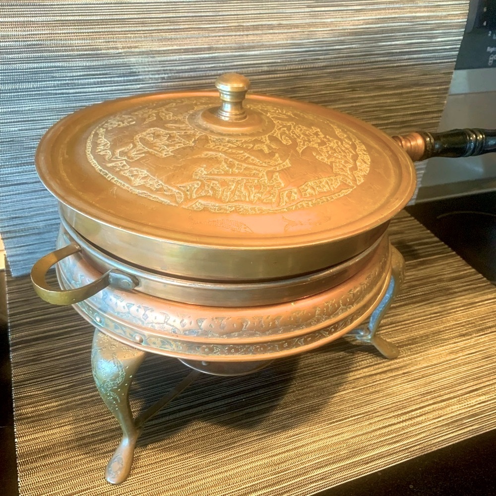 Vintage solid Copper hand made Persian middle eastern set of a Chafing Dish